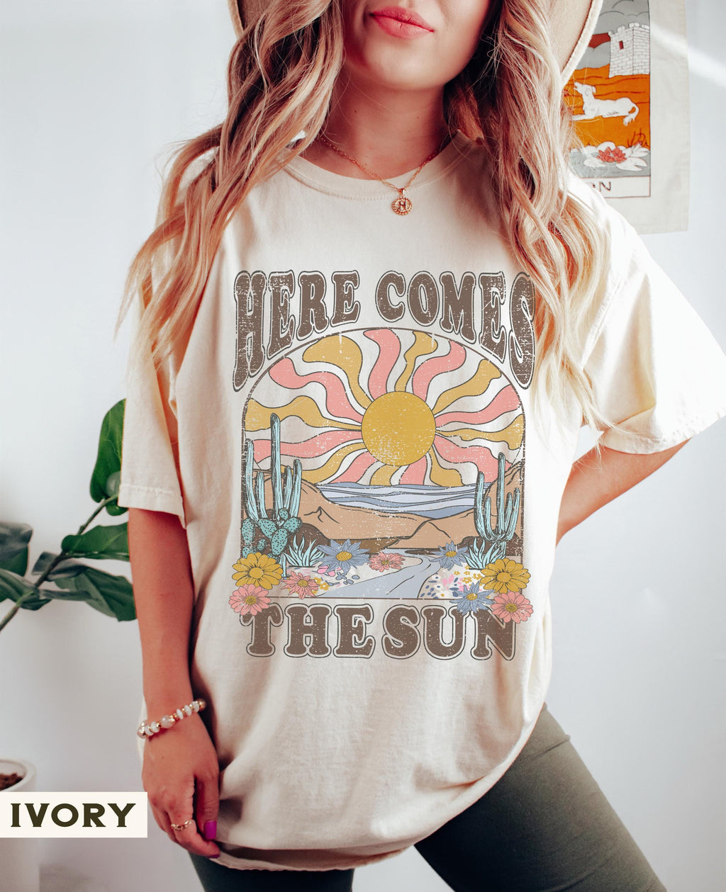 Here Comes Sun Comfort Colors Retro Desert Sunset - Adult & Kids T-Shirts, Sweatshirts & Hoodies apparel design preview 1
