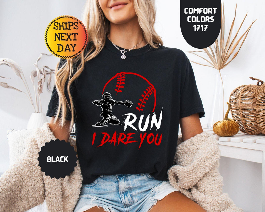 Comfort Colors Run Dare Baseball Catcher Sports Humor - Adult & Kids T-Shirts, Sweatshirts & Hoodies apparel design preview 1
