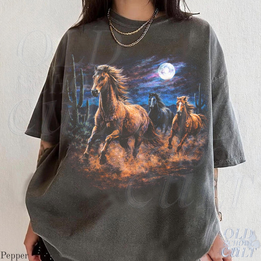 Wild Horses Vintage 90s Retro Moonlit Running Horse - Adult & Kids T-Shirts, Sweatshirts & Hoodies apparel design preview 1