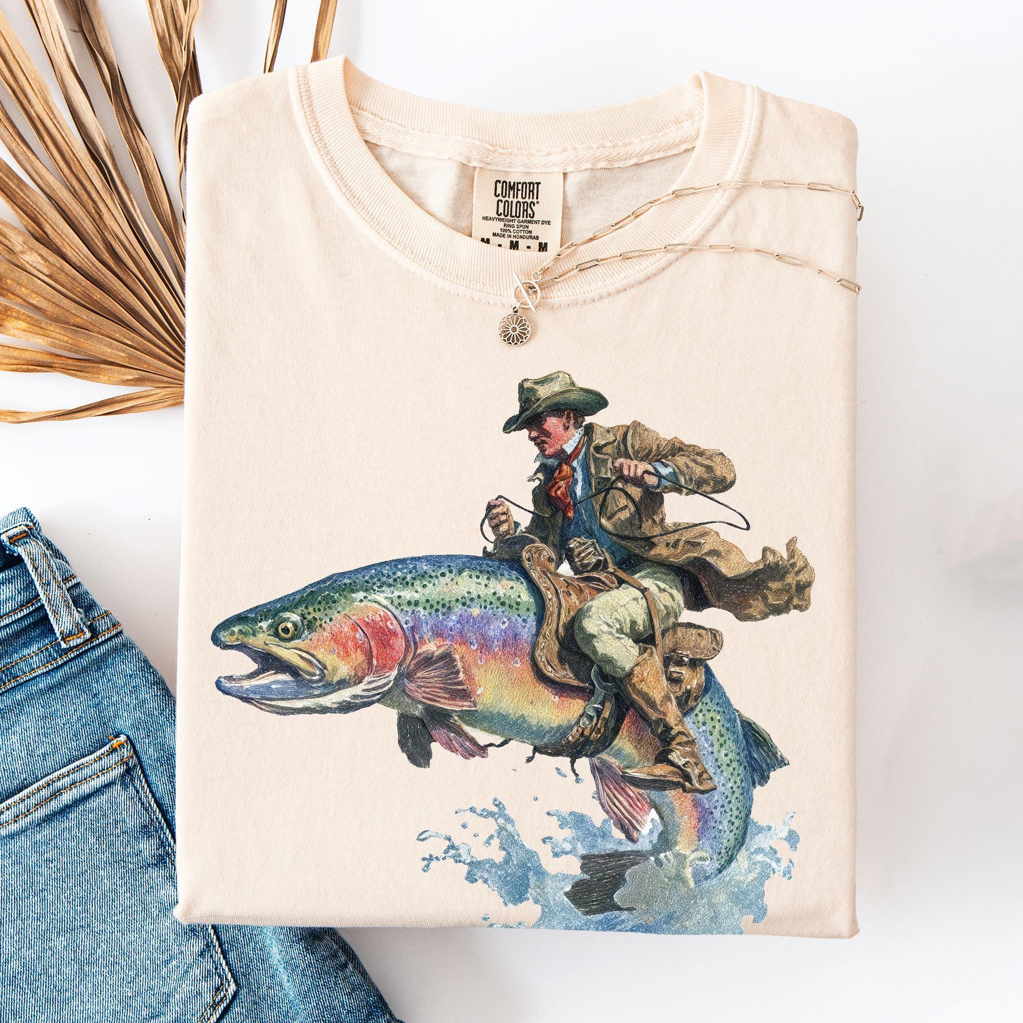 Cowboy Riding Rainbow Trout Genuine Comfort Colors - Adult & Kids T-Shirts, Sweatshirts & Hoodies apparel design preview 1