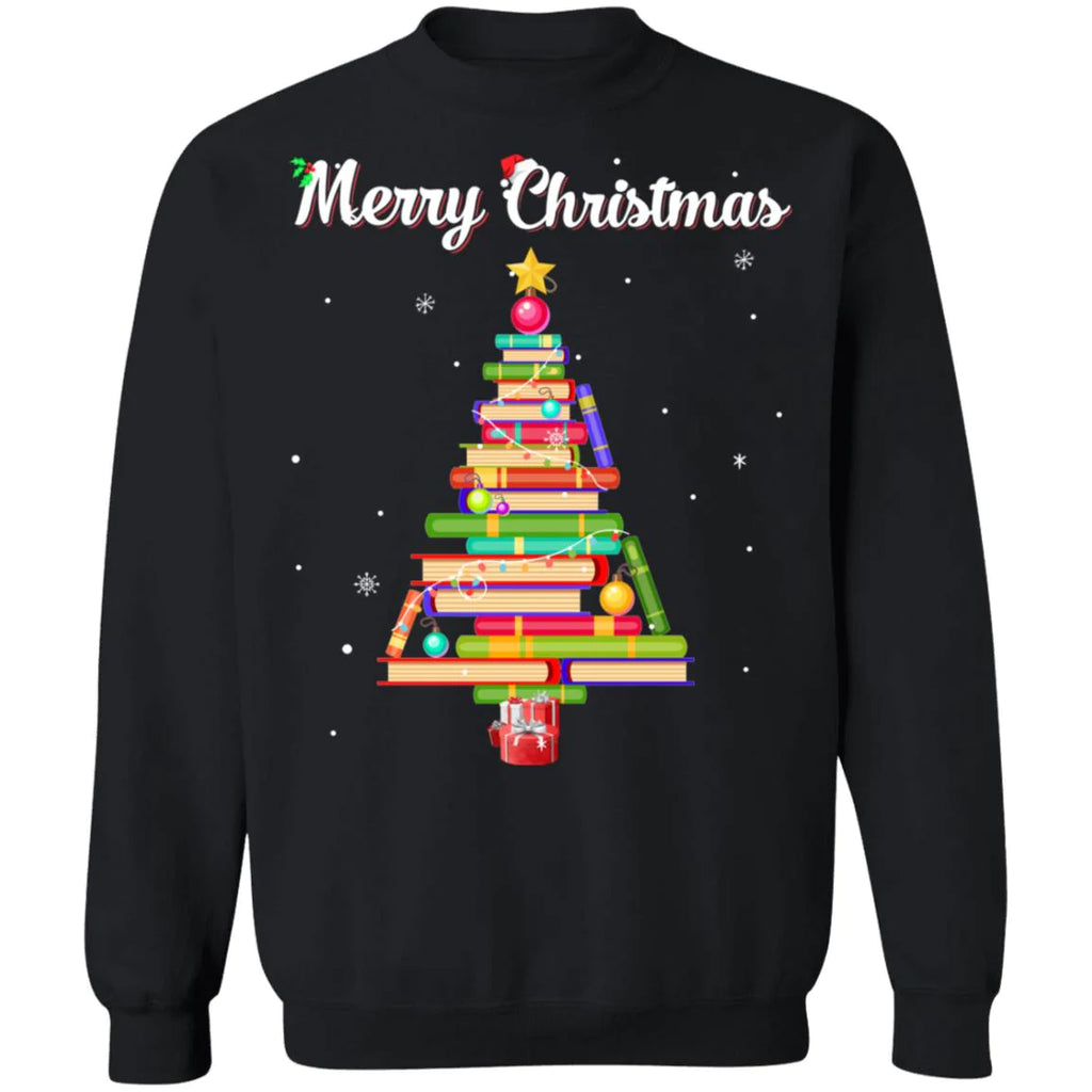 Merry Christmas tree love reading books Christmas Sweater - Holiday Gift product image 2
