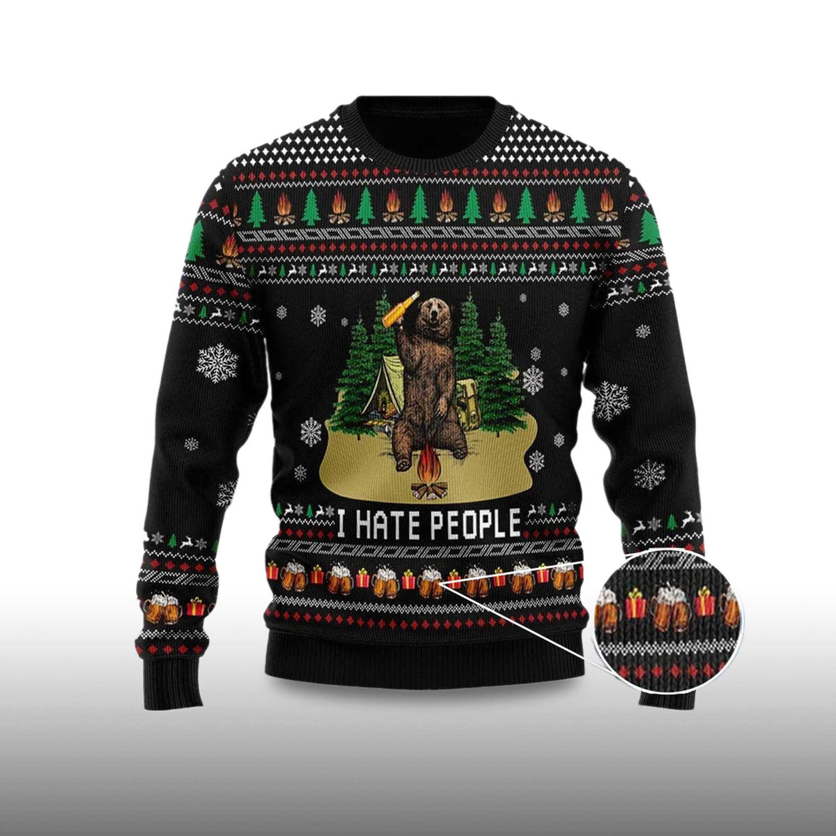 I Hate People Bear Drinking Beer Ugly Christmas Sweater - Holiday Gift product image 4