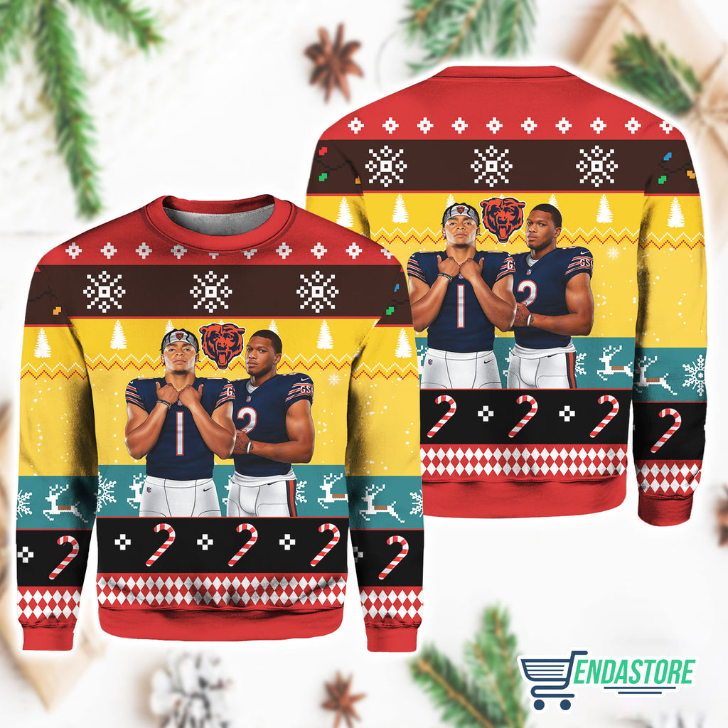 Justin Fields and Dj Moore Chicago Bear 3D Ugly Christmas Sweater - Gift Idea product image