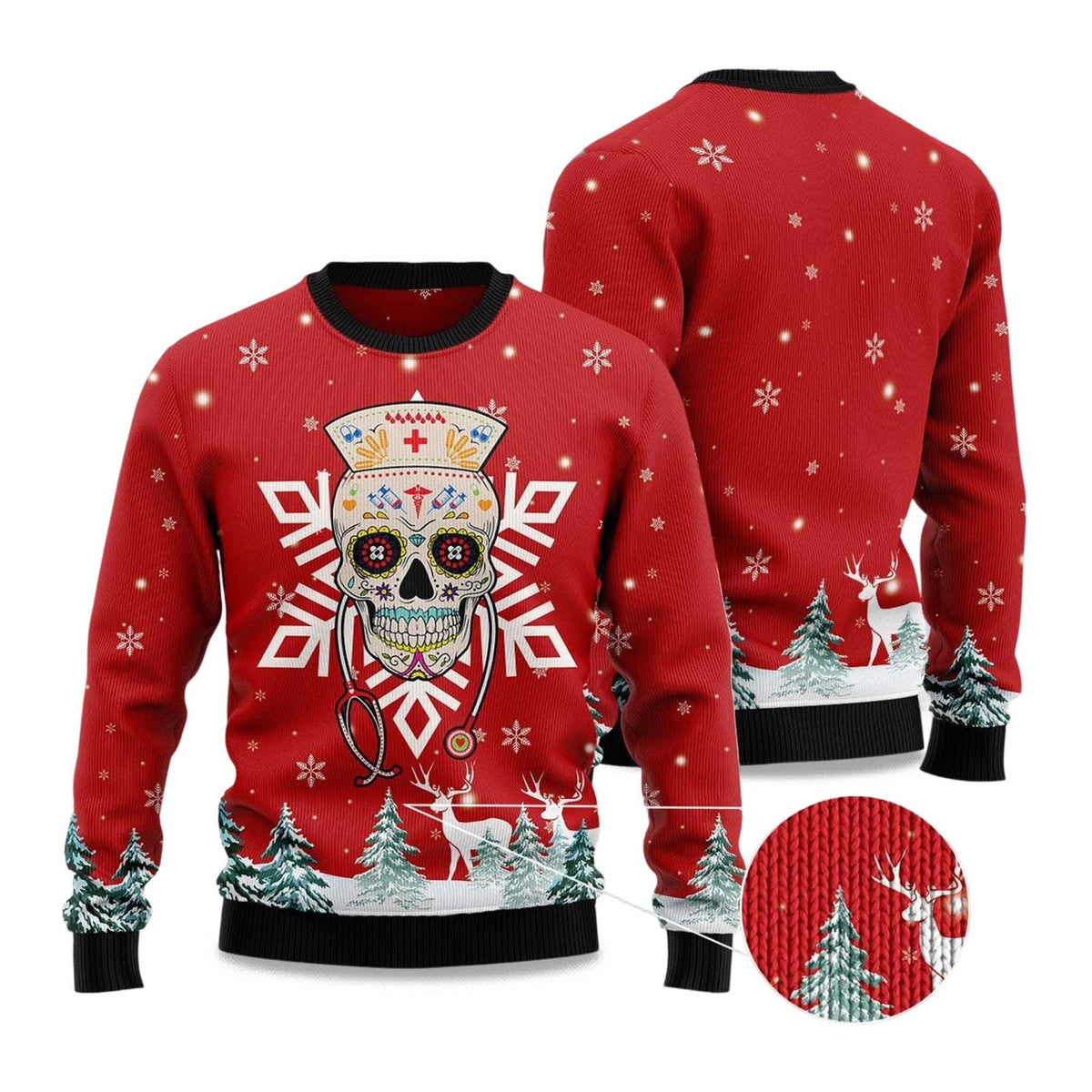Sugar Skull Nurse Ugly Christmas Sweater - Holiday Gift product image