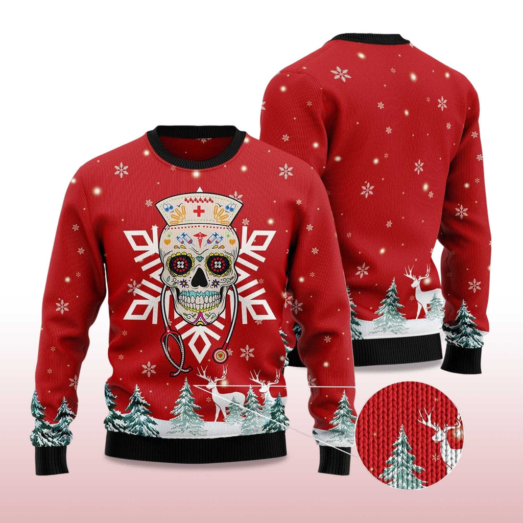 Sugar Skull Nurse Ugly Christmas Sweater - Holiday Gift product image 4