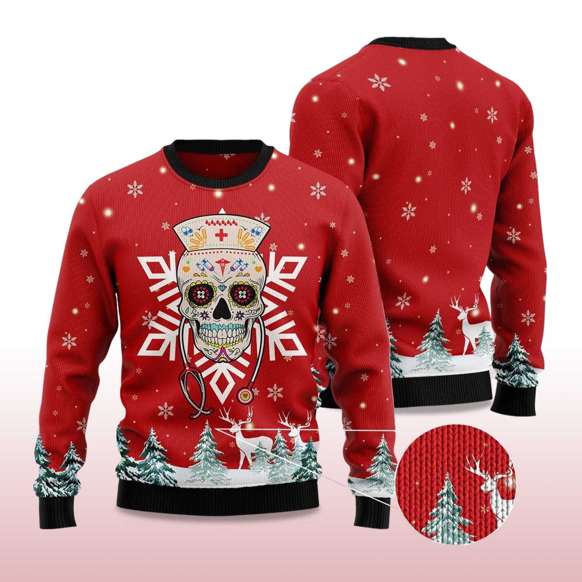 Sugar Skull Nurse Ugly Christmas Sweater - Holiday Gift product image 4