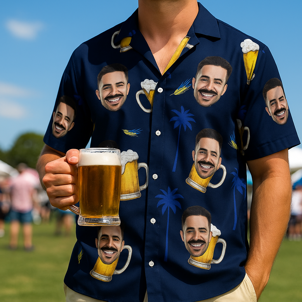 Custom Face Hawaiian Navy Blue with Beer Design Funny - Adult & Kids T-Shirts, Sweatshirts & Hoodies apparel design preview 1