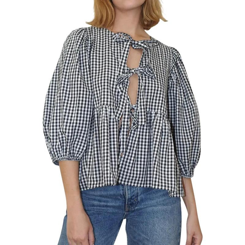Basic Tie Front Tops Casual Plaid Print 3 4 Sleeve - Adult & Kids T-Shirts, Sweatshirts & Hoodies apparel design preview 1