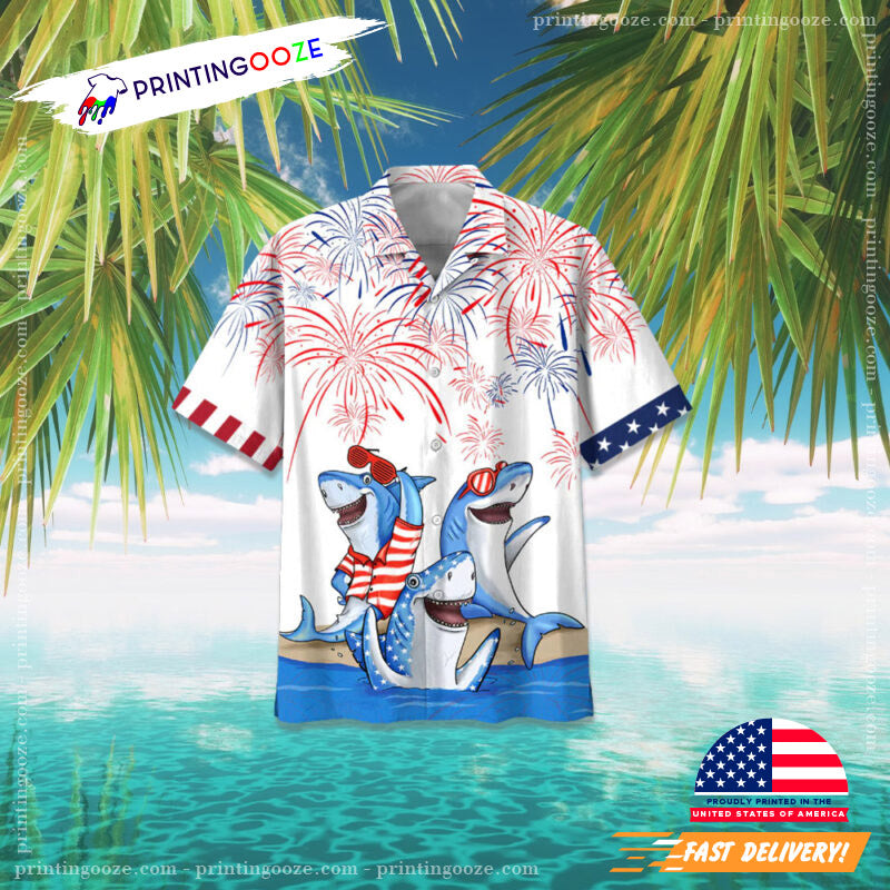 4Th Of July Cute Shark Trendy Hawaiian - Adult & Kids T-Shirts, Sweatshirts & Hoodies apparel design preview 1