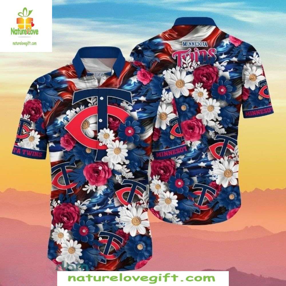 Minnesota Twins 4th Of July Hawaiian Floral Fanfare - Adult & Kids T-Shirts, Sweatshirts & Hoodies apparel design preview 1