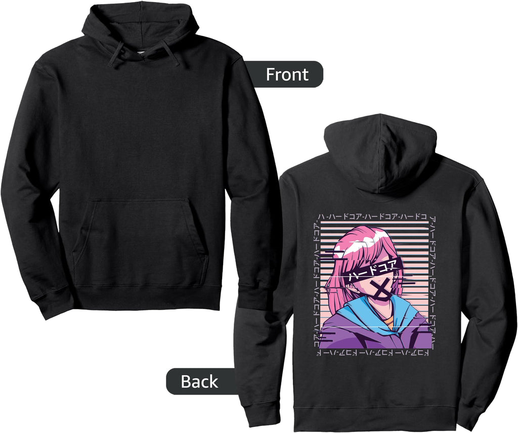 Anime Glitch Japanese Letters Back Anime Hoodie - Unique Graphic Unisex - T-Shirt, Sweatshirt, Hoodie