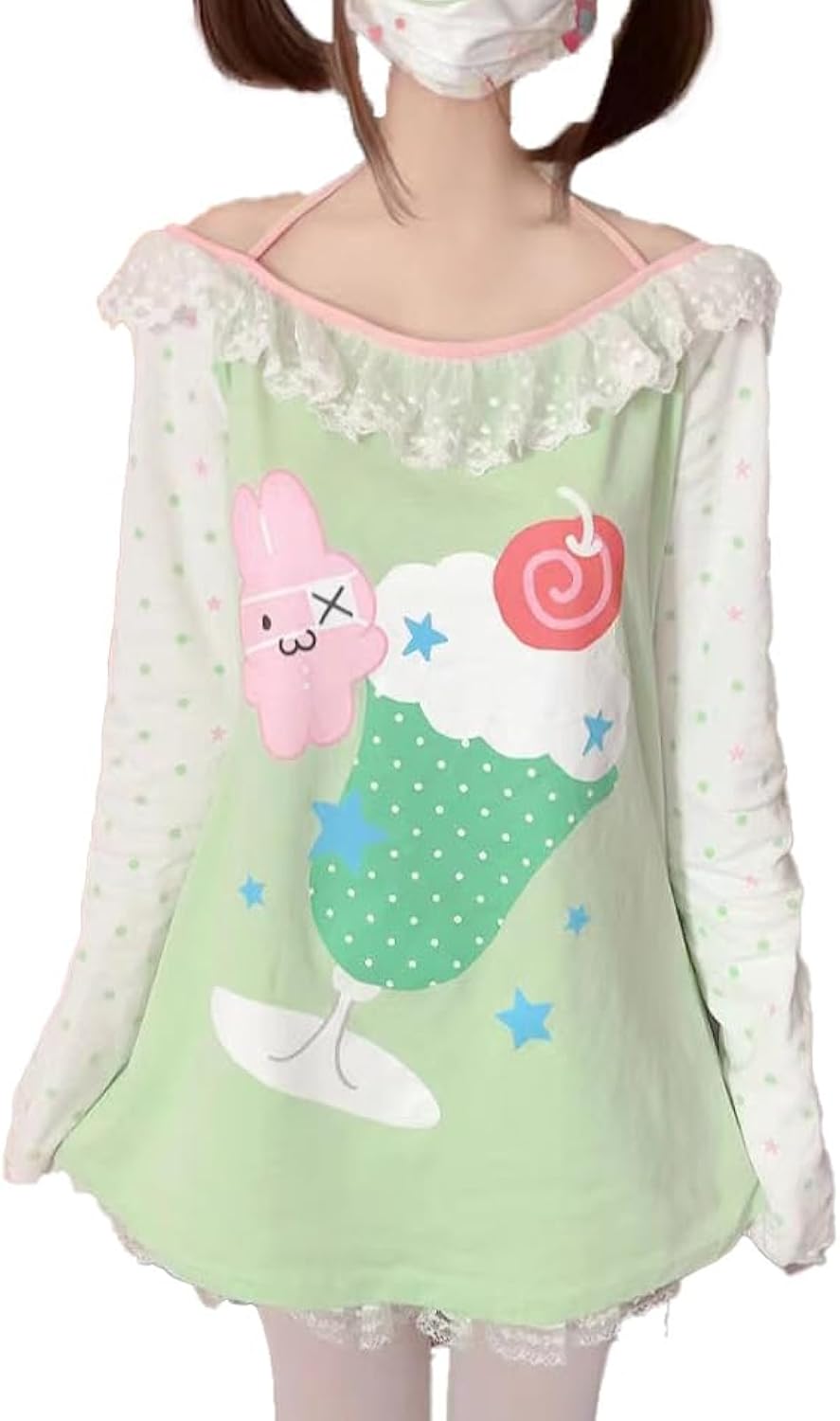 Womens Y2K Kawaii Print Off Shoulder Lace Patchwork - Adult & Kids T-Shirts, Sweatshirts & Hoodies apparel design preview 1