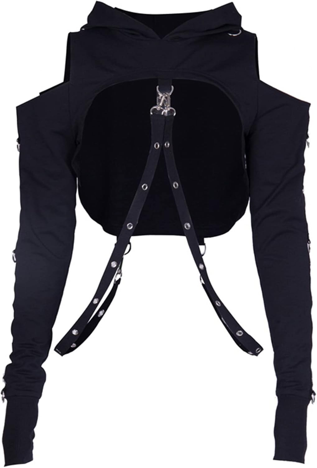 Gothic Punk Cold Shoulder Hooded Crop Tops Buckle - Adult & Kids T-Shirts, Sweatshirts & Hoodies apparel design preview 1