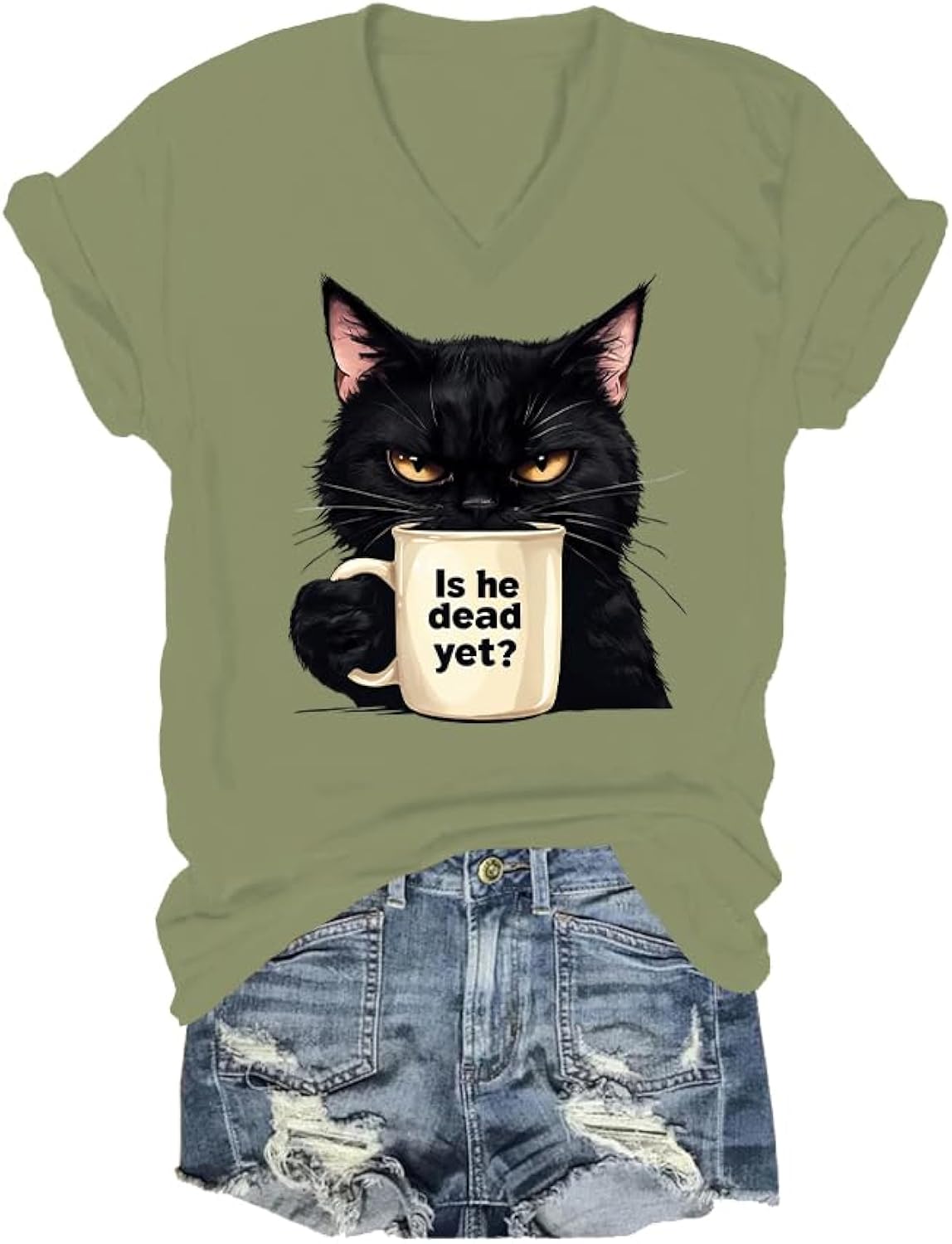 Is He Dead Yet V Neck Funny Cat Sarcastic Quotes - Adult & Kids T-Shirts, Sweatshirts & Hoodies apparel design preview 1