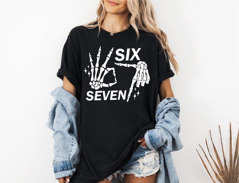 6 7 Meme Funny Skeleton Hands Halloween Couples Six - Adult & Kids T-Shirts, Sweatshirts & Hoodies apparel design preview 1