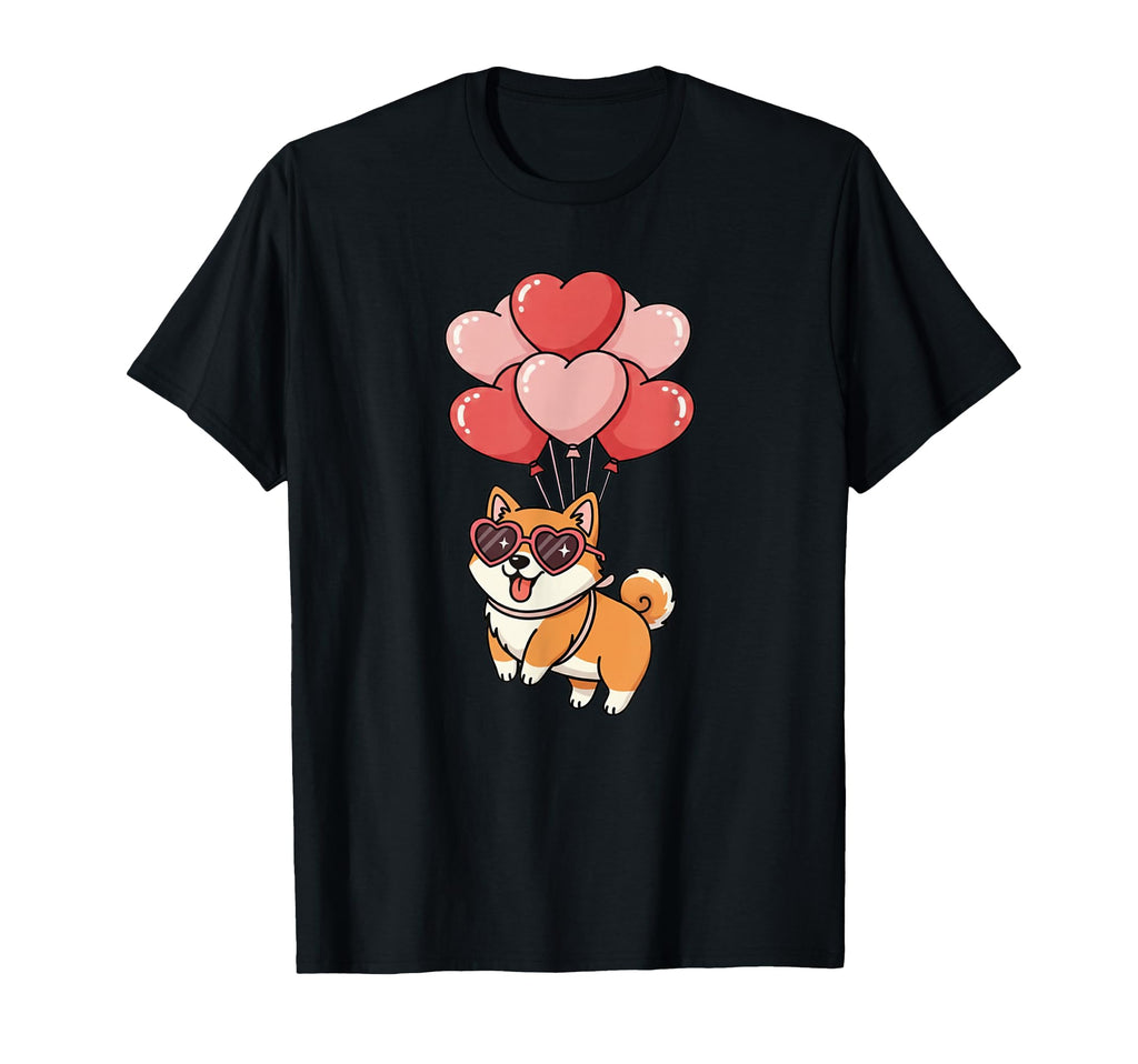 Womens Valentines Day Heart Balloons Shiba T-Shirt - Graphic Print Unisex - T-Shirt, Sweatshirt, Hoodie