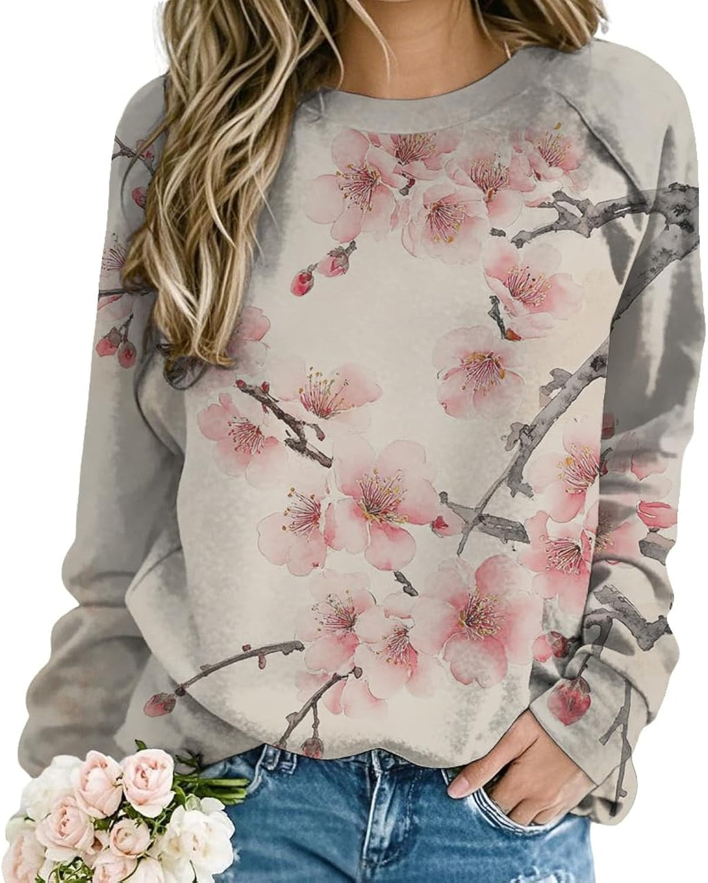 Womens Floral Print Crewneck Japanese Art Loose - Adult & Kids T-Shirts, Sweatshirts & Hoodies apparel design preview 1