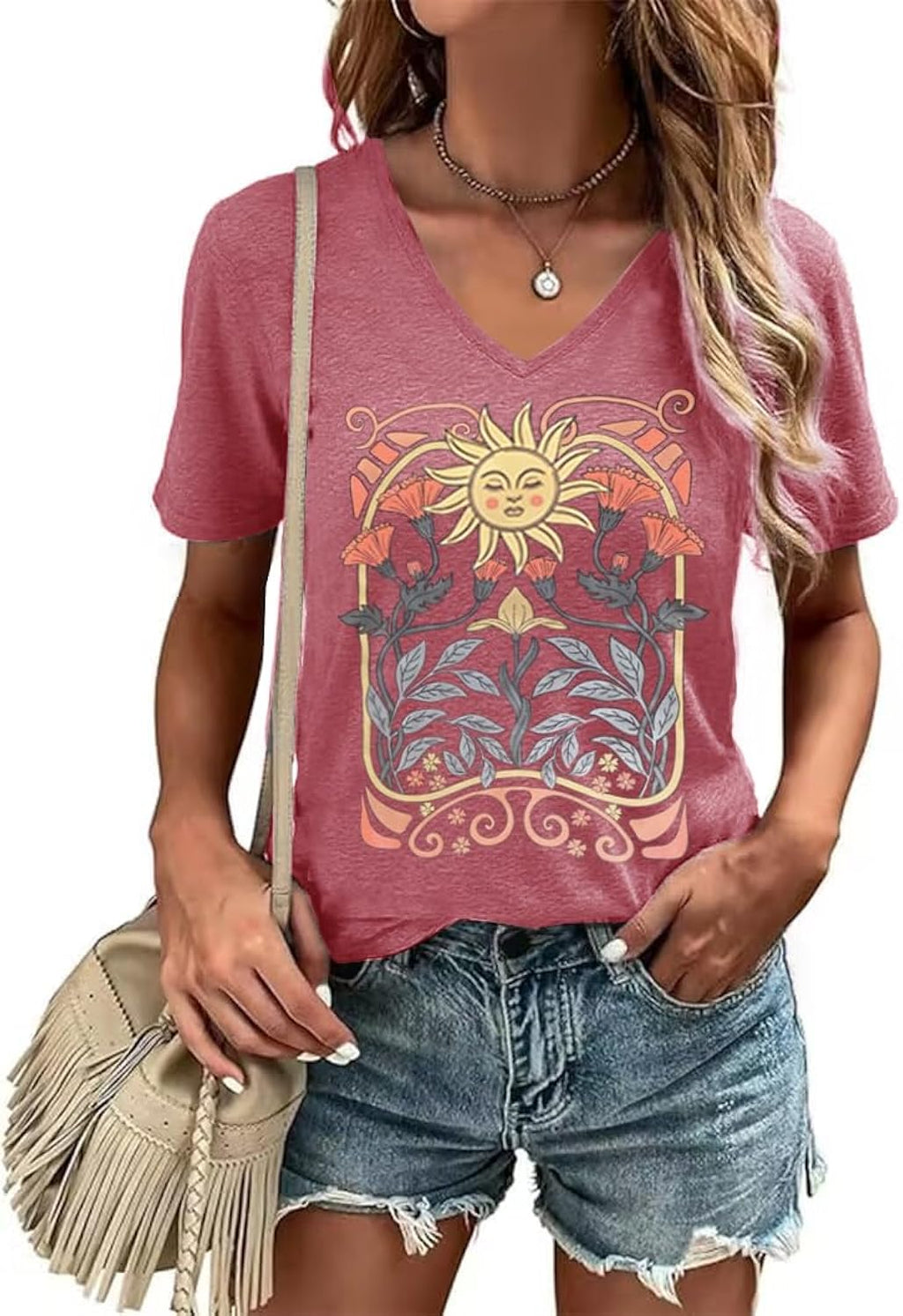 Women's V-Neck Graphic Vintage Boho Flowers Summer - Adult & Kids T-Shirts, Sweatshirts & Hoodies apparel design preview 1