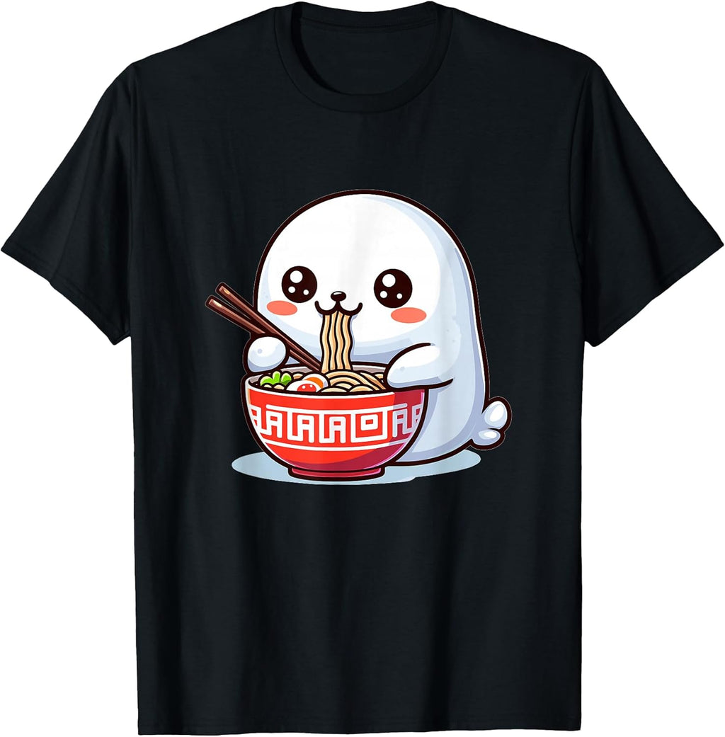 Cute Japanese Kawaii Chibi Seal Eating Ramen - Adult & Kids T-Shirts, Sweatshirts & Hoodies apparel design preview 1