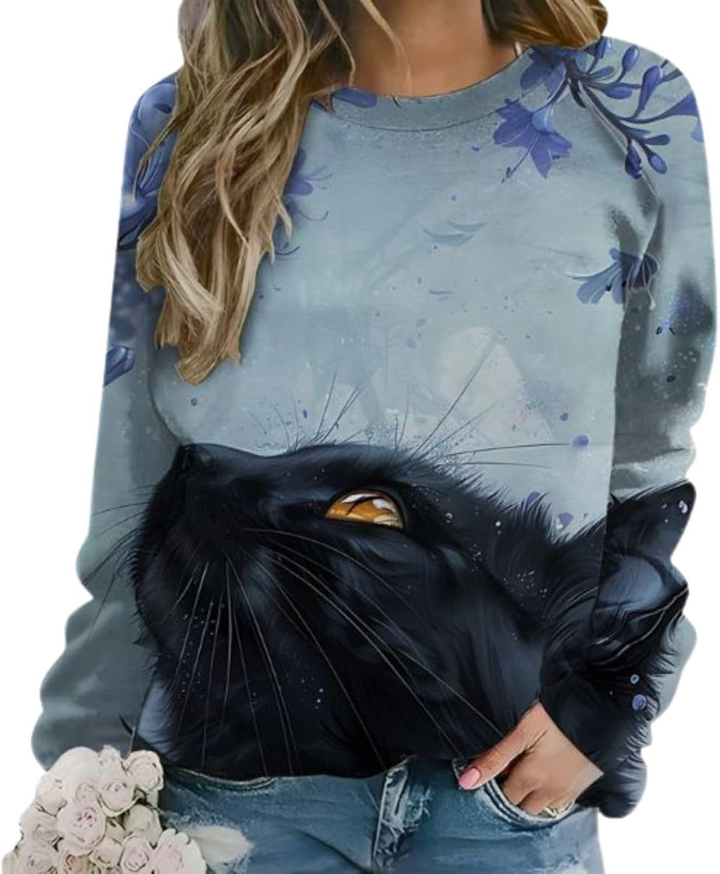 Womens Cat Art Print Crewneck Loose Fit Botanical - Adult & Kids T-Shirts, Sweatshirts & Hoodies apparel design preview 1