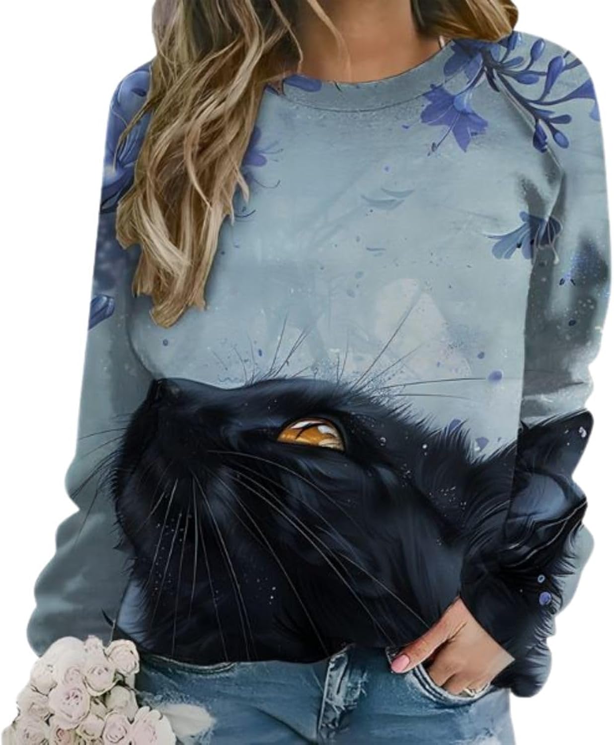 Womens Cat Art Print Crewneck Loose Fit Botanical - Adult & Kids T-Shirts, Sweatshirts & Hoodies apparel design preview 1