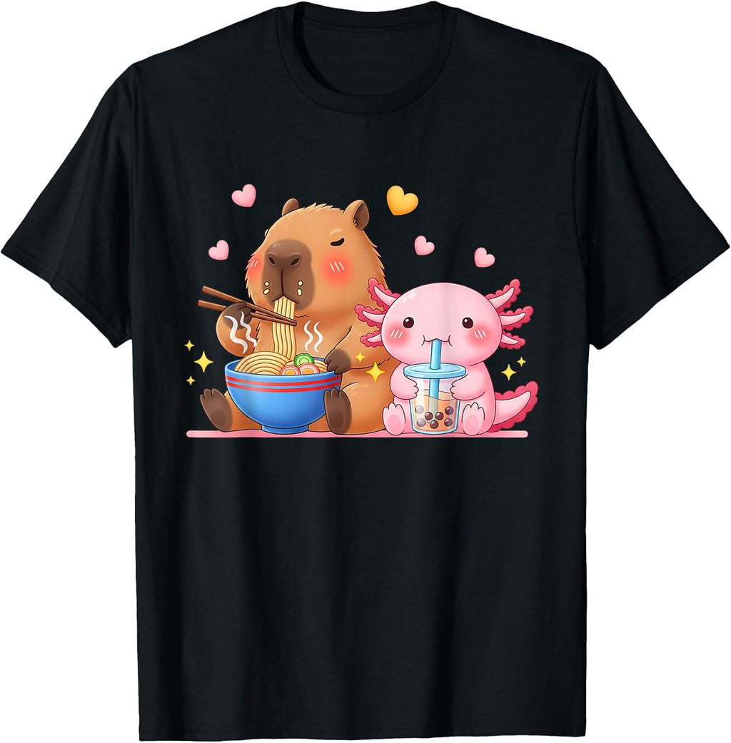 Cute Capybara Ramen and Axolotl Boba Kawaii Boys - Adult & Kids T-Shirts, Sweatshirts & Hoodies apparel design preview 1