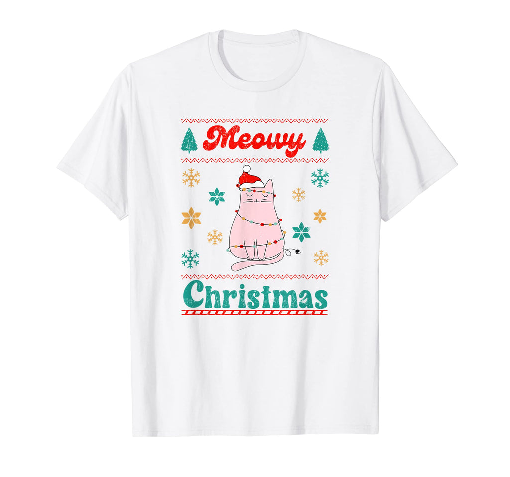 Meowy Catmas Cat Santa Hat Lights T-Shirt - Minimalist Print for Adults - T-Shirt, Sweatshirt, Hoodie