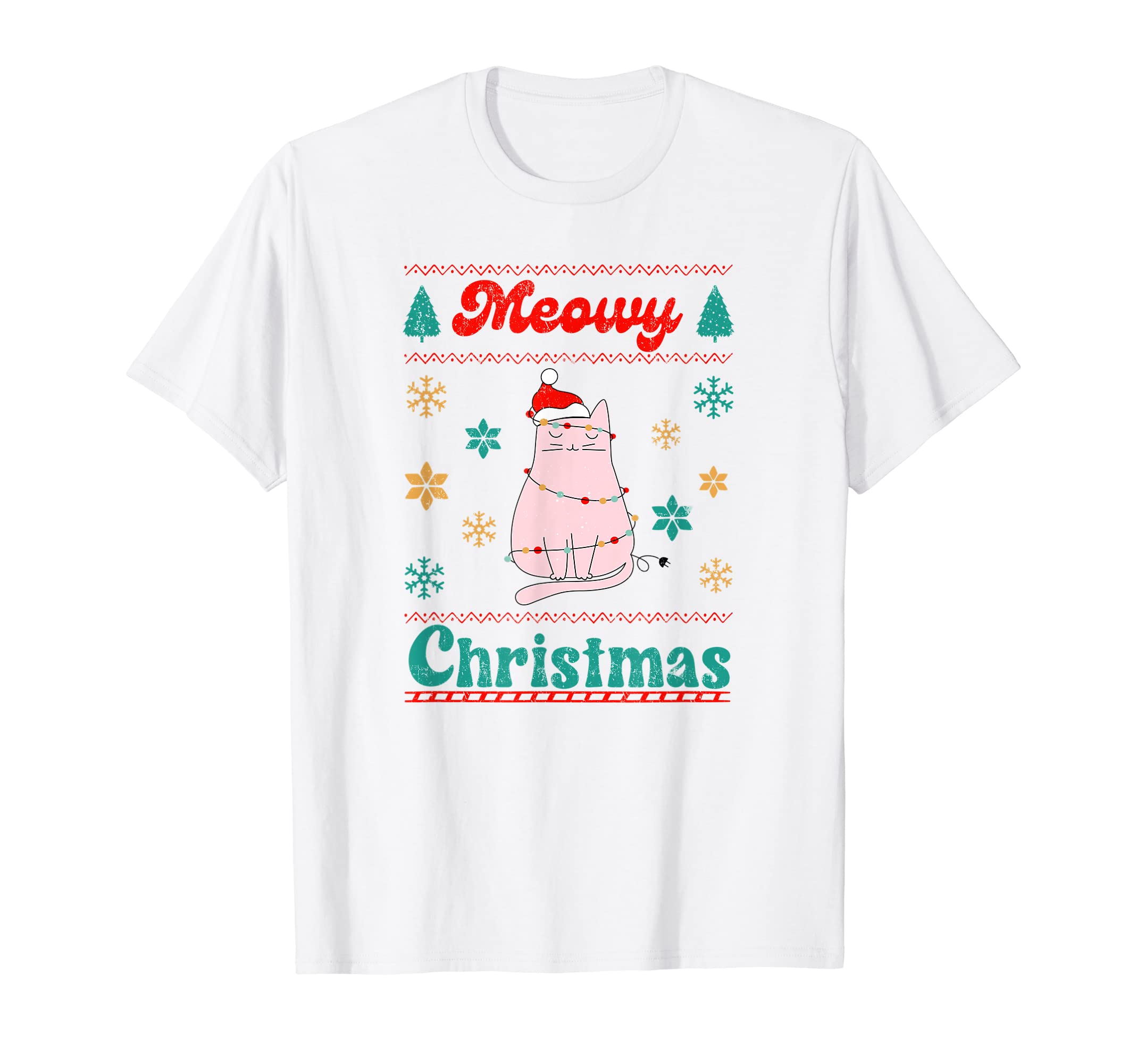 Meowy Catmas Cat Santa Hat Lights T-Shirt - Minimalist Print for Adults - T-Shirt, Sweatshirt, Hoodie