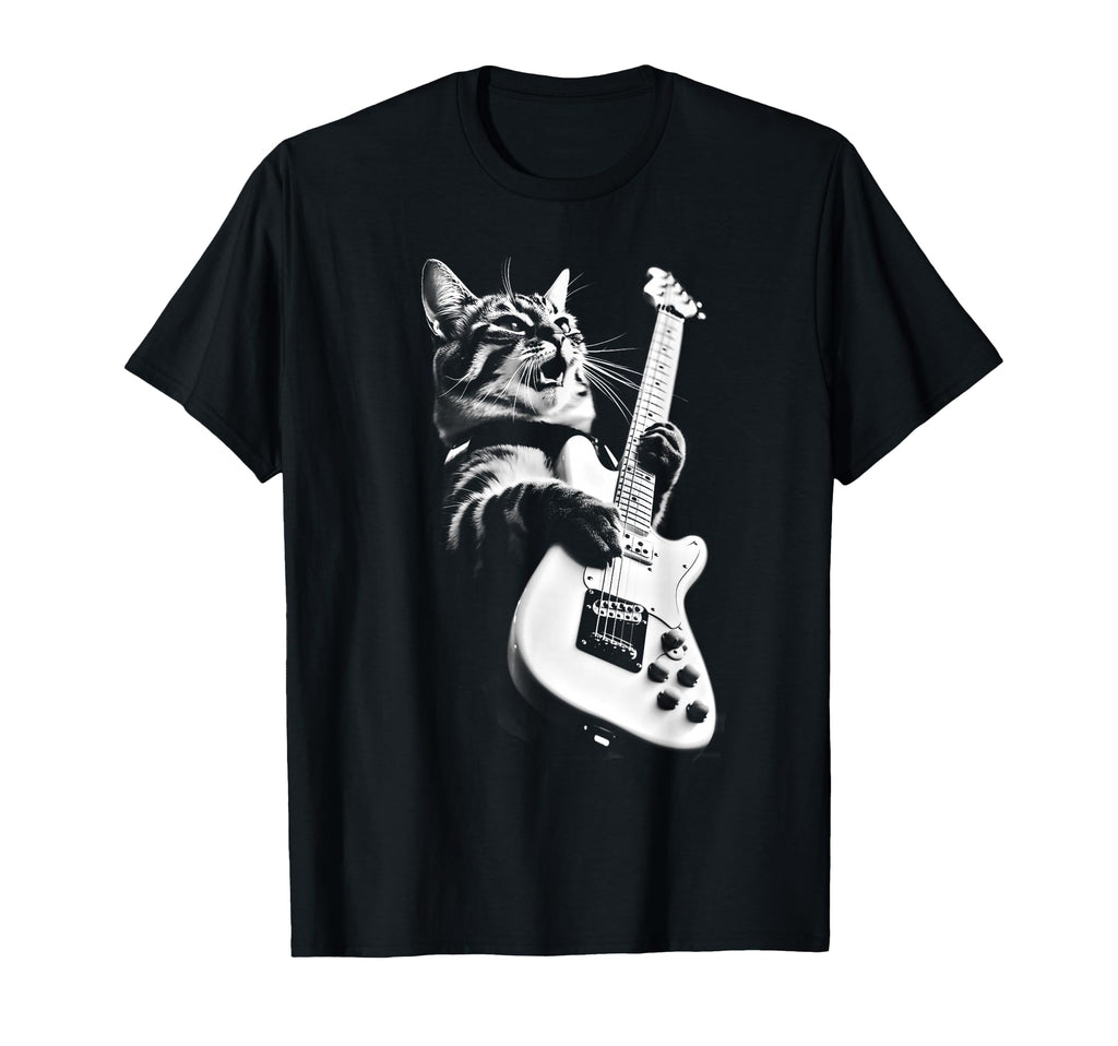 Rock Cat Playing Guitar Funny Guitar T-Shirt - Custom Art Print for Adults - T-Shirt, Sweatshirt, Hoodie
