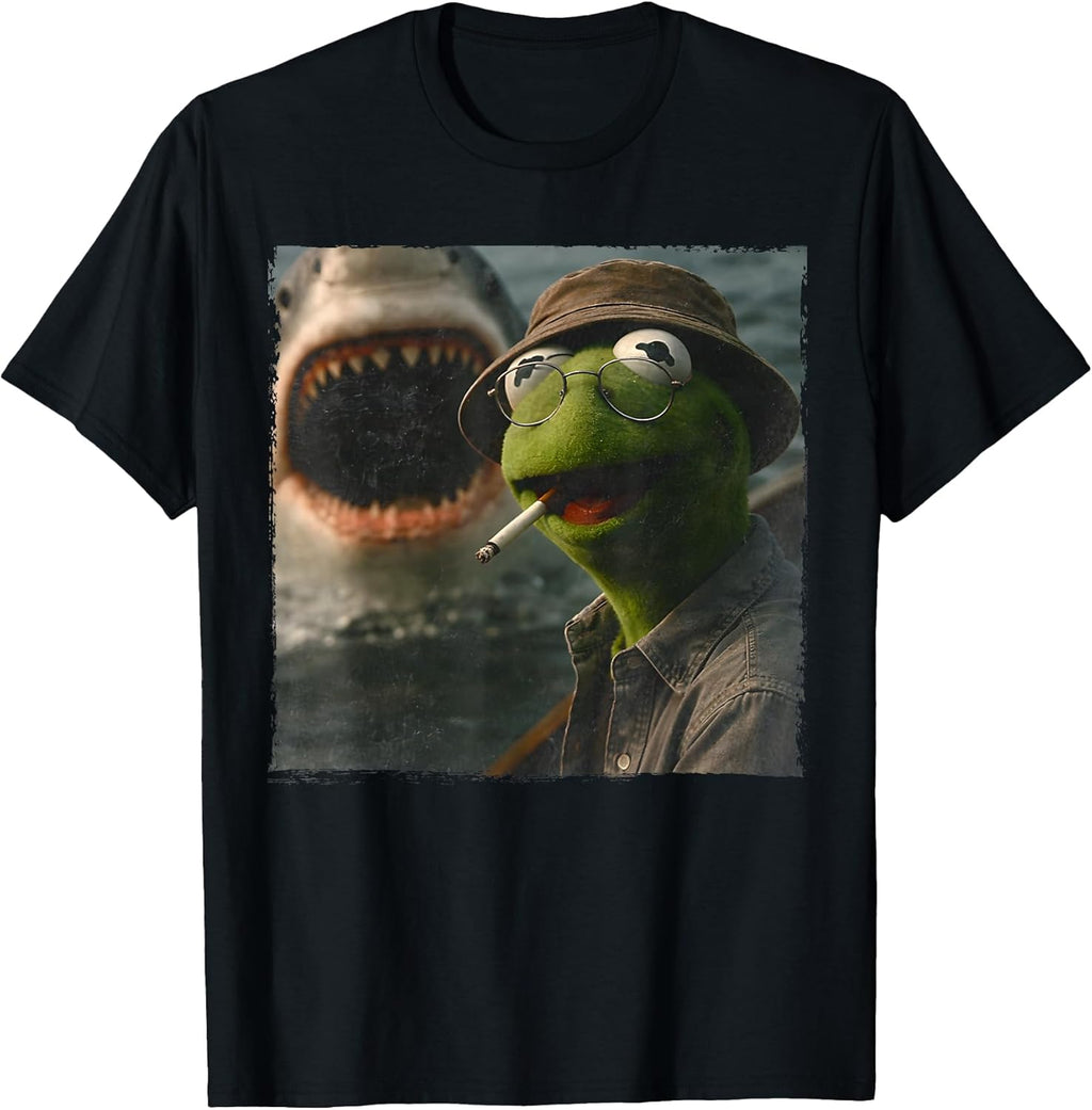 Funny Smoking Frog Meme Vintage Shark Attack Parody - Adult & Kids T-Shirts, Sweatshirts & Hoodies apparel design preview 1