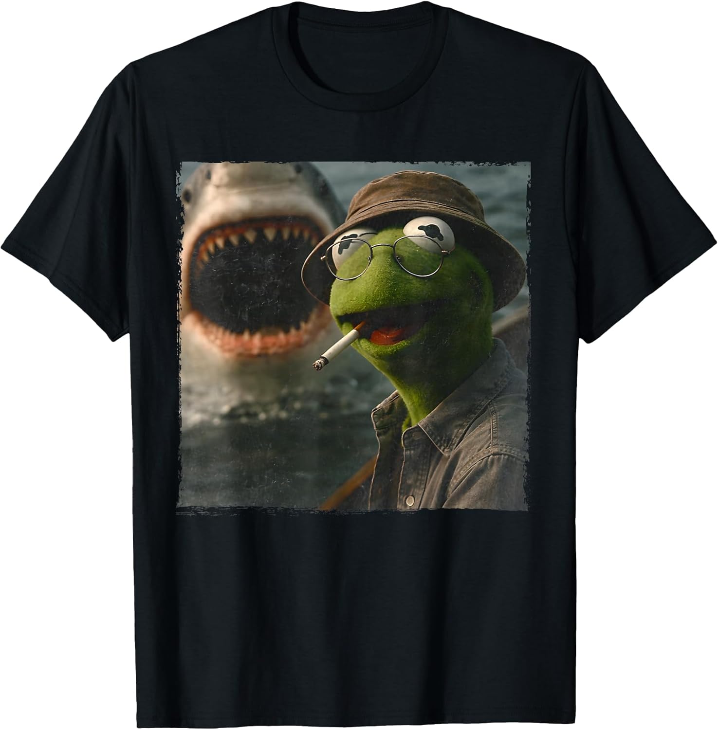 Funny Smoking Frog Meme Vintage Shark Attack Parody - Adult & Kids T-Shirts, Sweatshirts & Hoodies apparel design preview 1