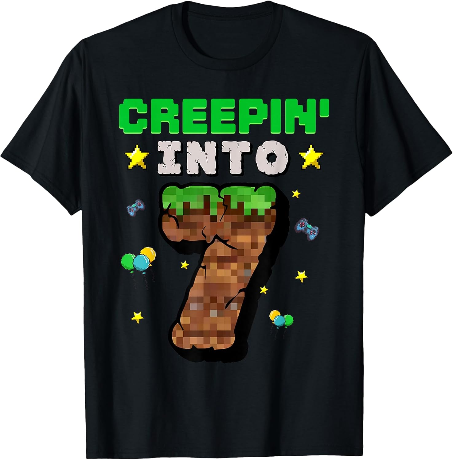 7th Birthday Boy Gamer Pixel Creepin' Into 7 - Adult & Kids T-Shirts, Sweatshirts & Hoodies apparel design preview 1