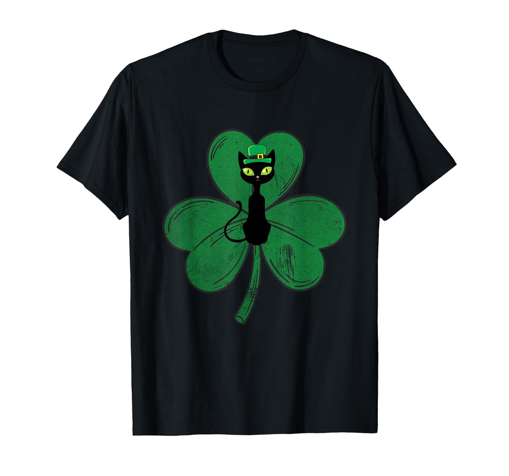 Black Cat Shamrock Distressed St T-Shirt - Novelty Apparel Men Women - T-Shirt, Sweatshirt, Hoodie