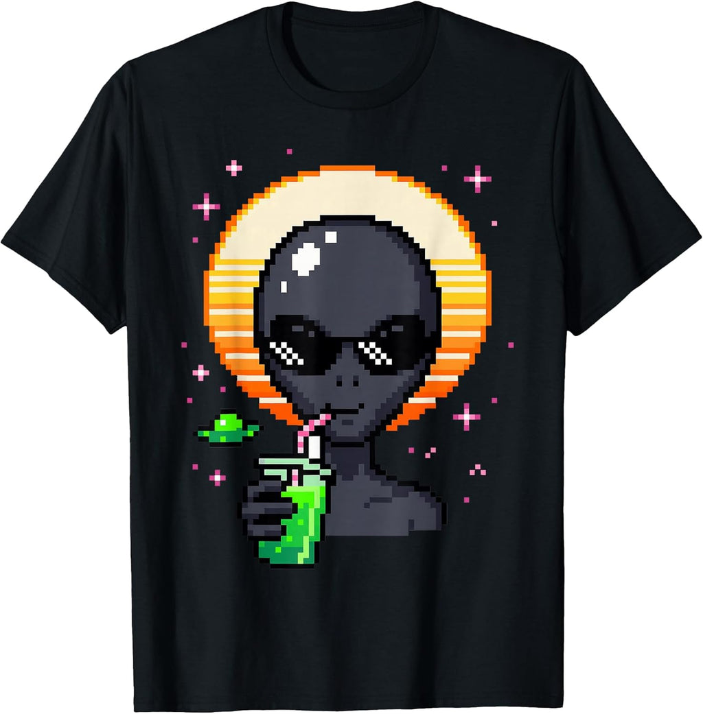 Retro Alien Pixel Art Space Drink Synthwave Sunset - Adult & Kids T-Shirts, Sweatshirts & Hoodies apparel design preview 1