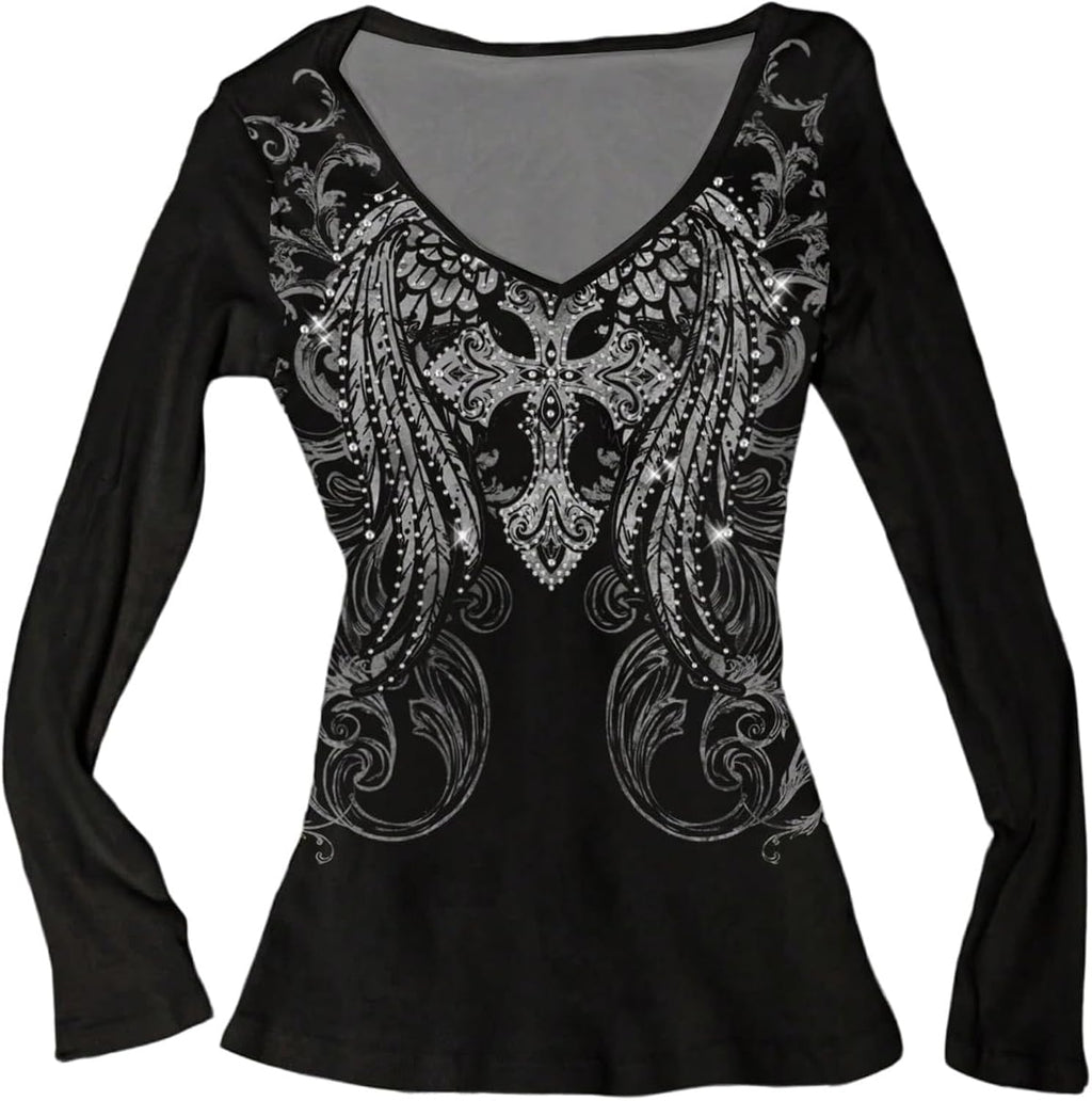 Women's Rhinestone Graphic Y2K Gothic V Neck 2000s - Adult & Kids T-Shirts, Sweatshirts & Hoodies apparel design preview 1