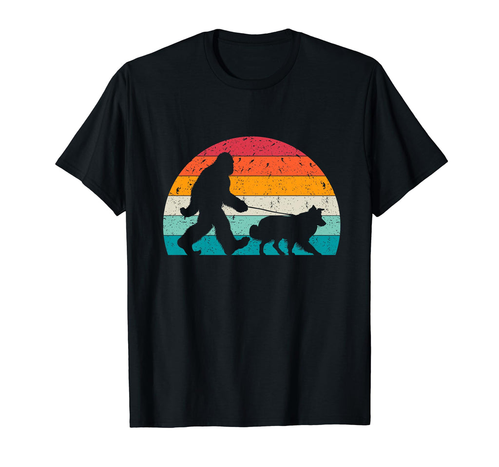 Bigfoot Walking Dog Funny Border T-Shirt - Fun Novelty Design for Adults - T-Shirt, Sweatshirt, Hoodie