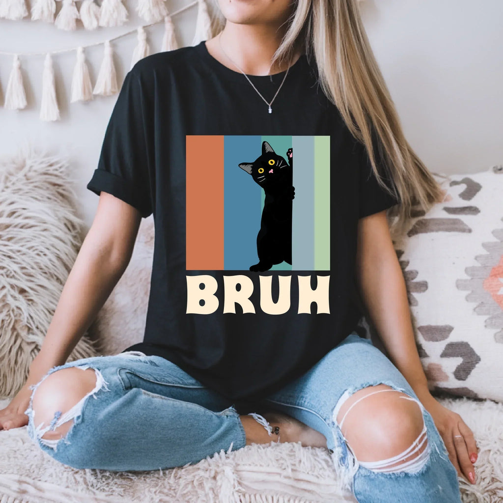 Funny Black Cat BRUH Meme Retro Vintage - Adult & Kids T-Shirts, Sweatshirts & Hoodies apparel design preview 1