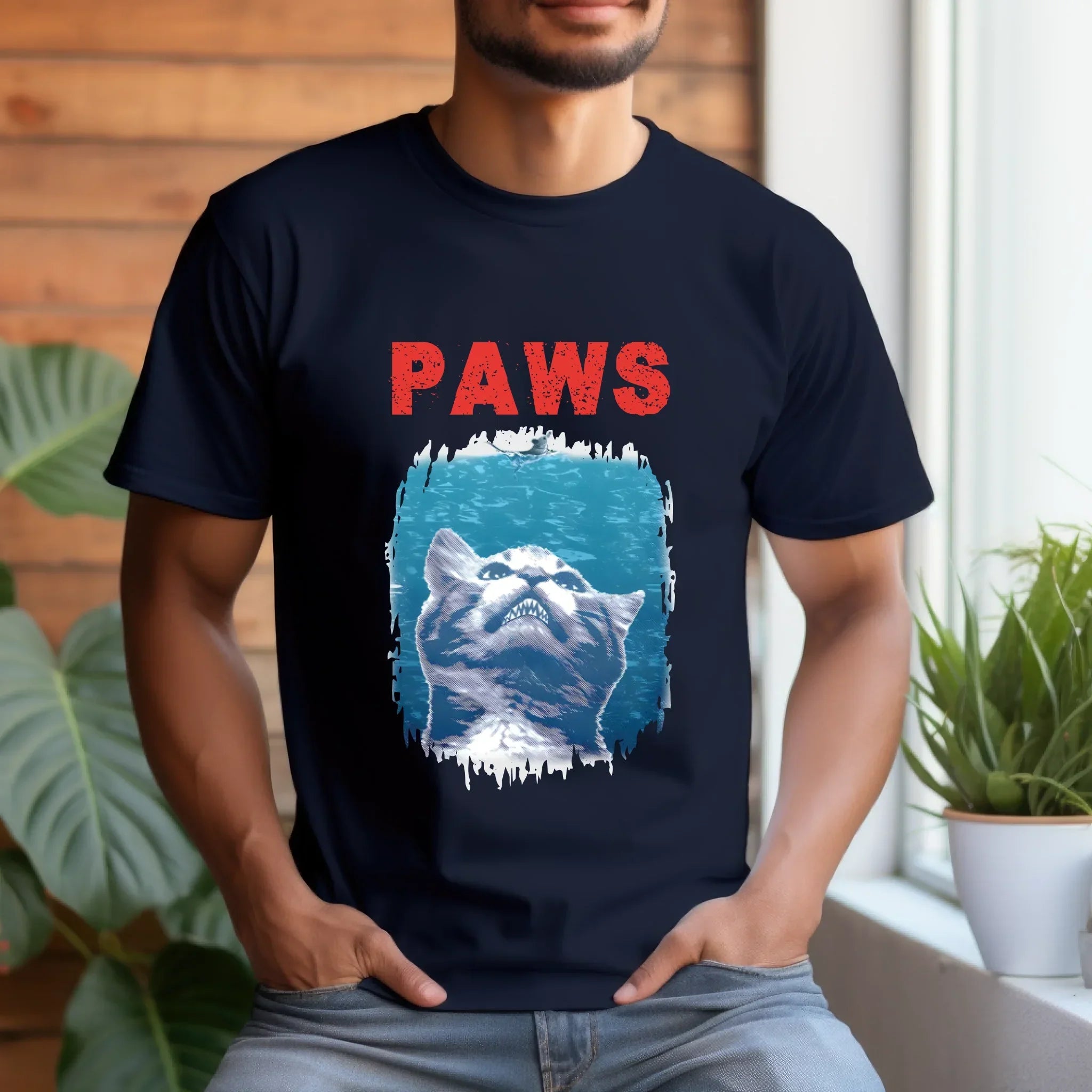 Funny Cat "PAWS" Jaws Parody Retro Meme - Adult & Kids T-Shirts, Sweatshirts & Hoodies apparel design preview 1