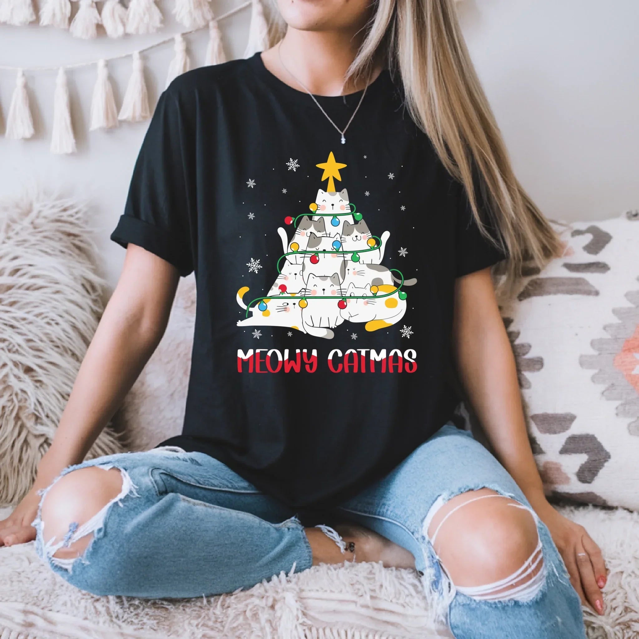 Meowy Catmas Cute Cat Tree Lovers - Adult & Kids T-Shirts, Sweatshirts & Hoodies apparel design preview 1