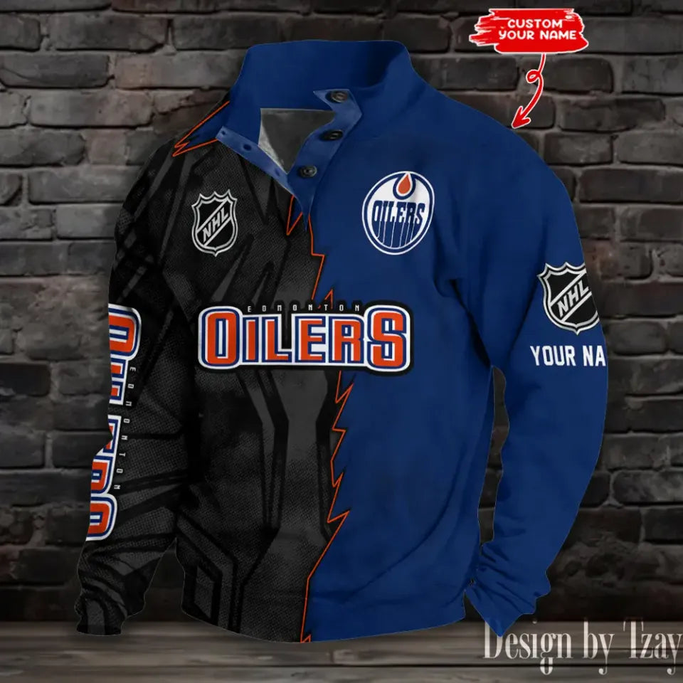 Edmonton Oilers Half Button Stand Collar Sưeatshirt - Adult & Kids T-Shirts, Sweatshirts & Hoodies apparel design preview 1