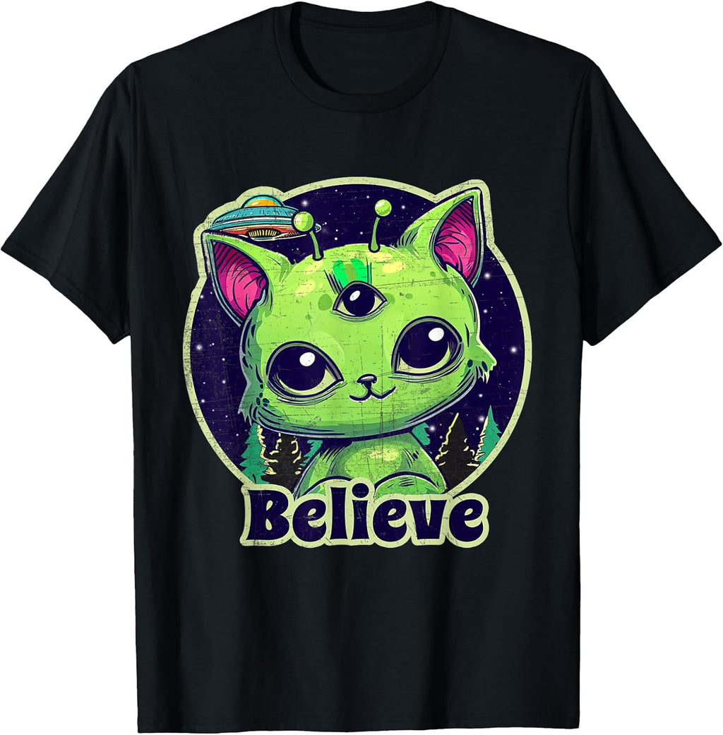 Cute Alien Cat Belive in UFO Kawaii - Adult & Kids T-Shirts, Sweatshirts & Hoodies apparel design preview 1