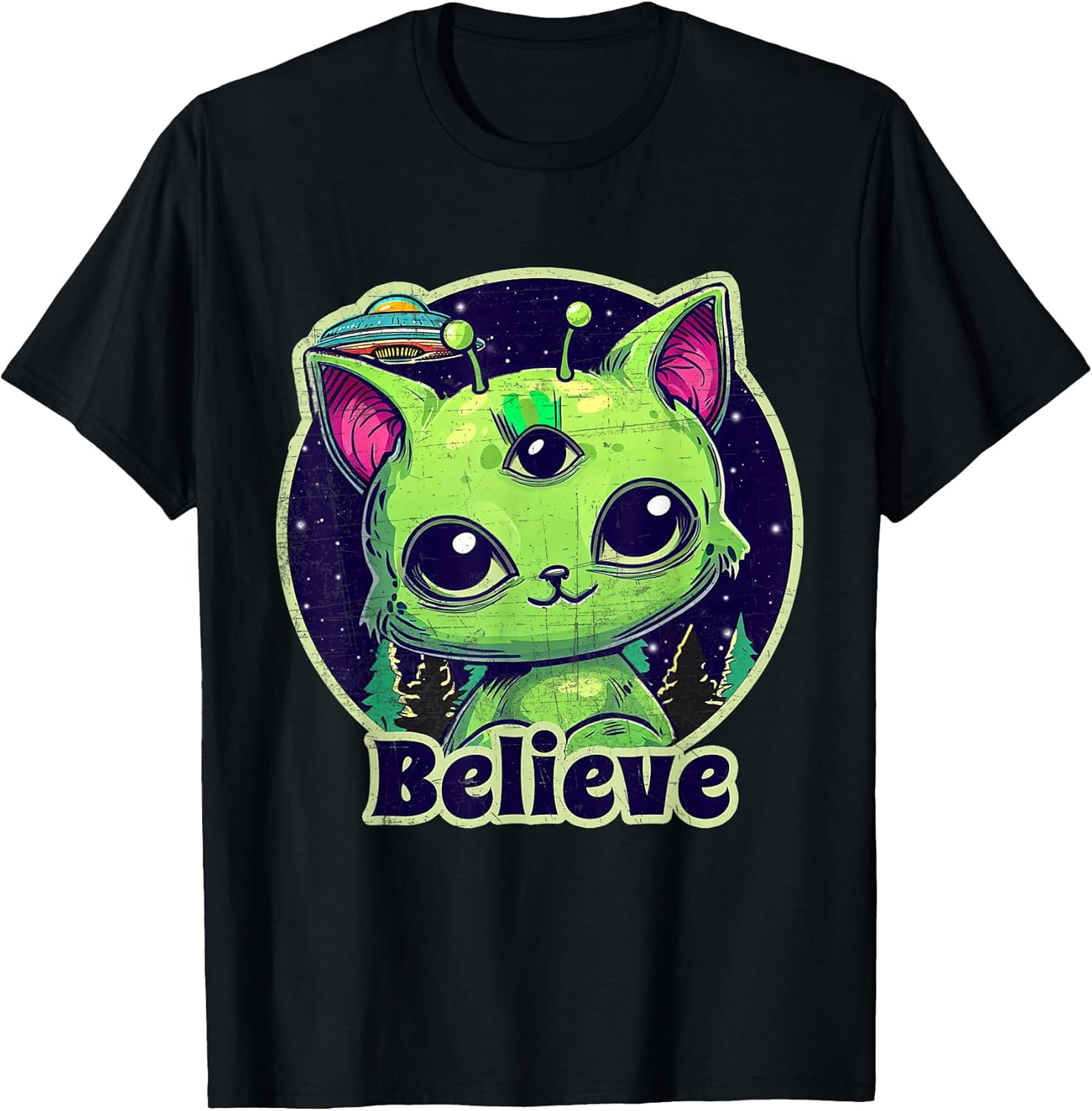 Cute Alien Cat Belive in UFO Kawaii - Adult & Kids T-Shirts, Sweatshirts & Hoodies apparel design preview 1