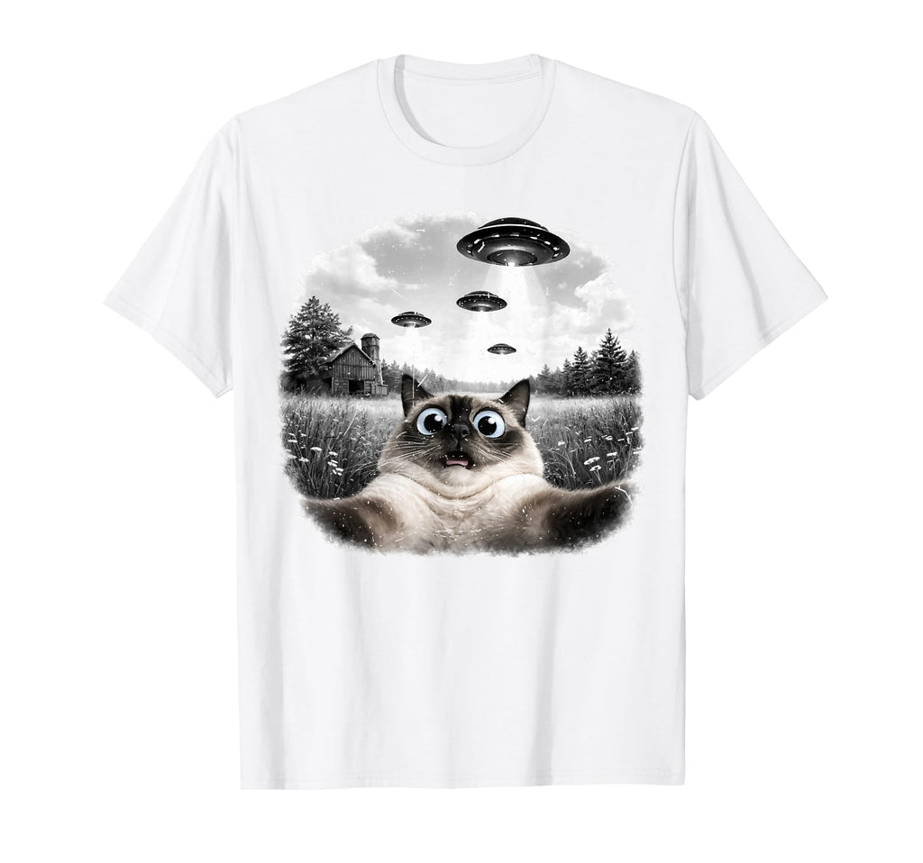 Cat Selfie Ufo Alien Funny Surprised T-Shirt - Unique Graphic Unisex - T-Shirt, Sweatshirt, Hoodie