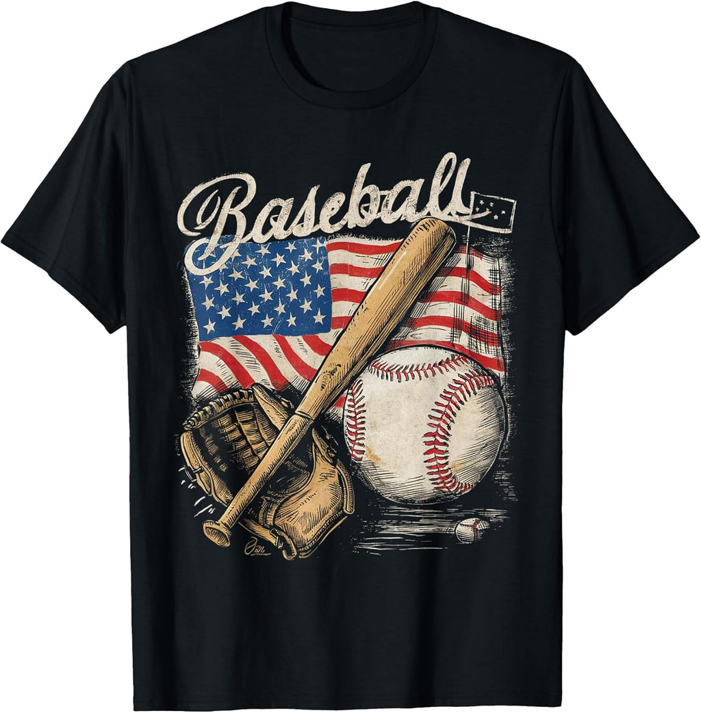 American Flag Baseball Player Bat Fan Catcher Pitcher - Adult & Kids T-Shirts, Sweatshirts & Hoodies apparel design preview 1