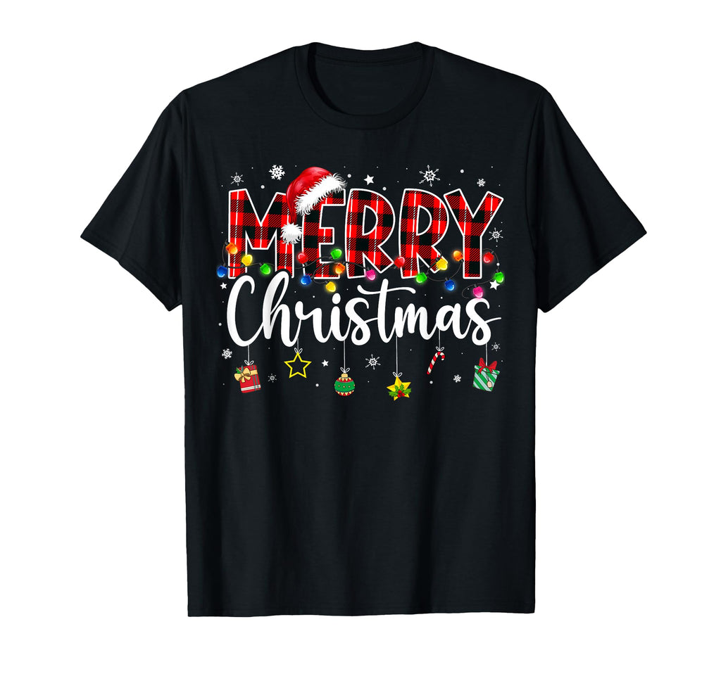 Merry Buffalo Plaid Red Santa Hat Pajama T-Shirt - Minimalist Print Unisex - T-Shirt, Sweatshirt, Hoodie