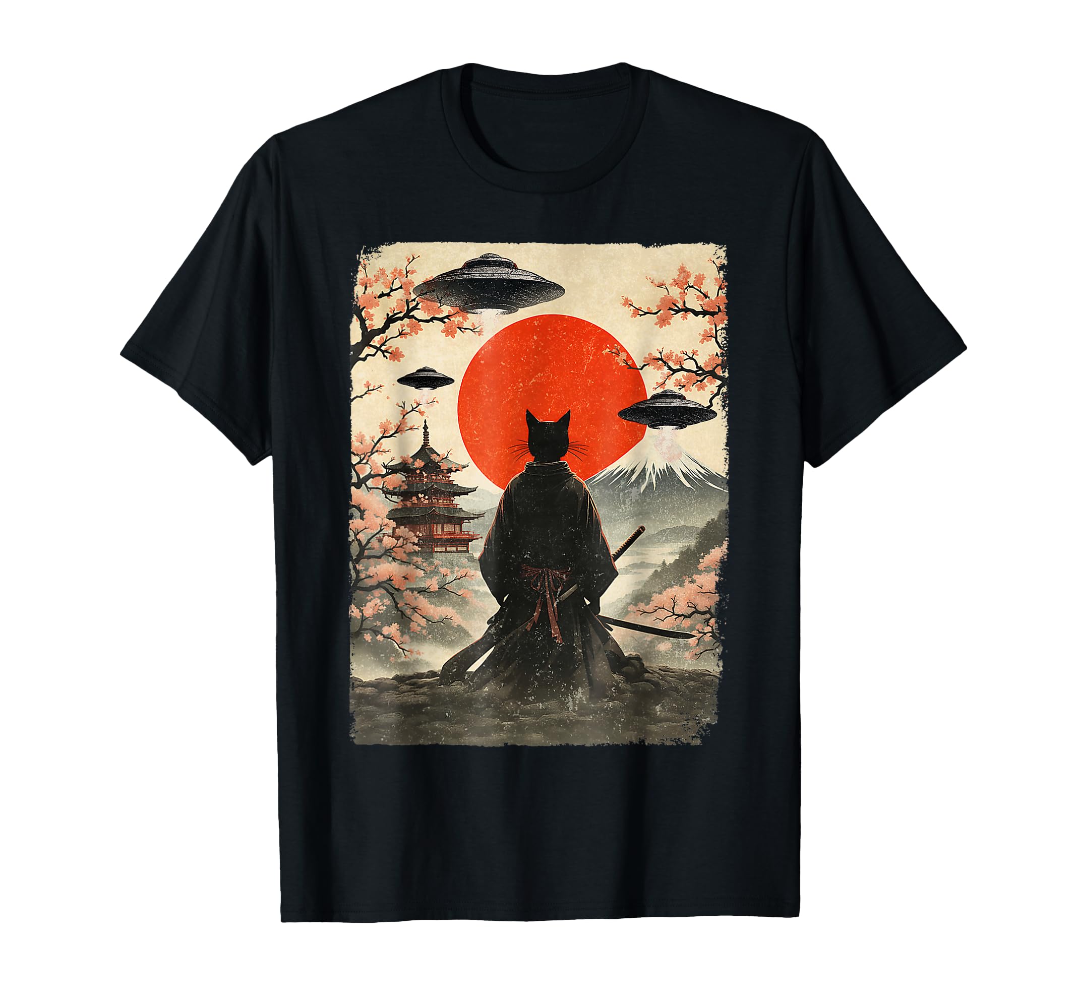 Japanese Samurai Cat Alien Cat Dad Ufo T-Shirt - Trendy Graphic for Adults - T-Shirt, Sweatshirt, Hoodie