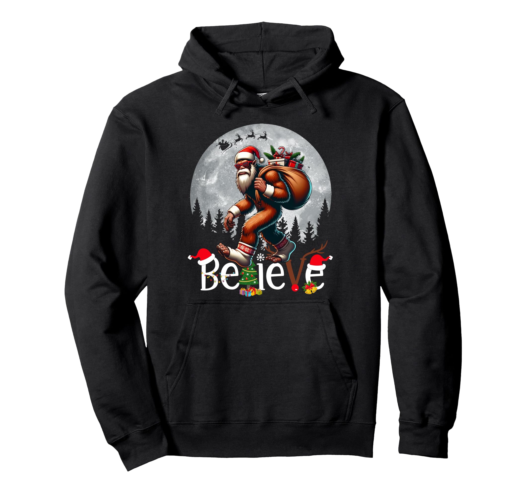 Tree Bigfoot Believe Santa Hat Holiday Hoodie - Unique Graphic Unisex - T-Shirt, Sweatshirt, Hoodie