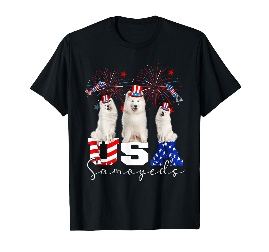 Three Usa Samoyeds Dog Wearing Hat T-Shirt - Novelty Apparel Men Women - T-Shirt, Sweatshirt, Hoodie