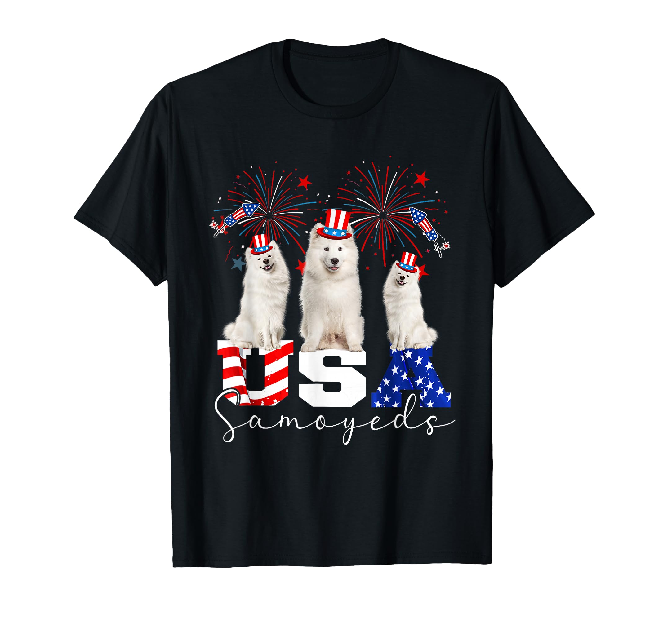 Three Usa Samoyeds Dog Wearing Hat T-Shirt - Novelty Apparel Men Women - T-Shirt, Sweatshirt, Hoodie