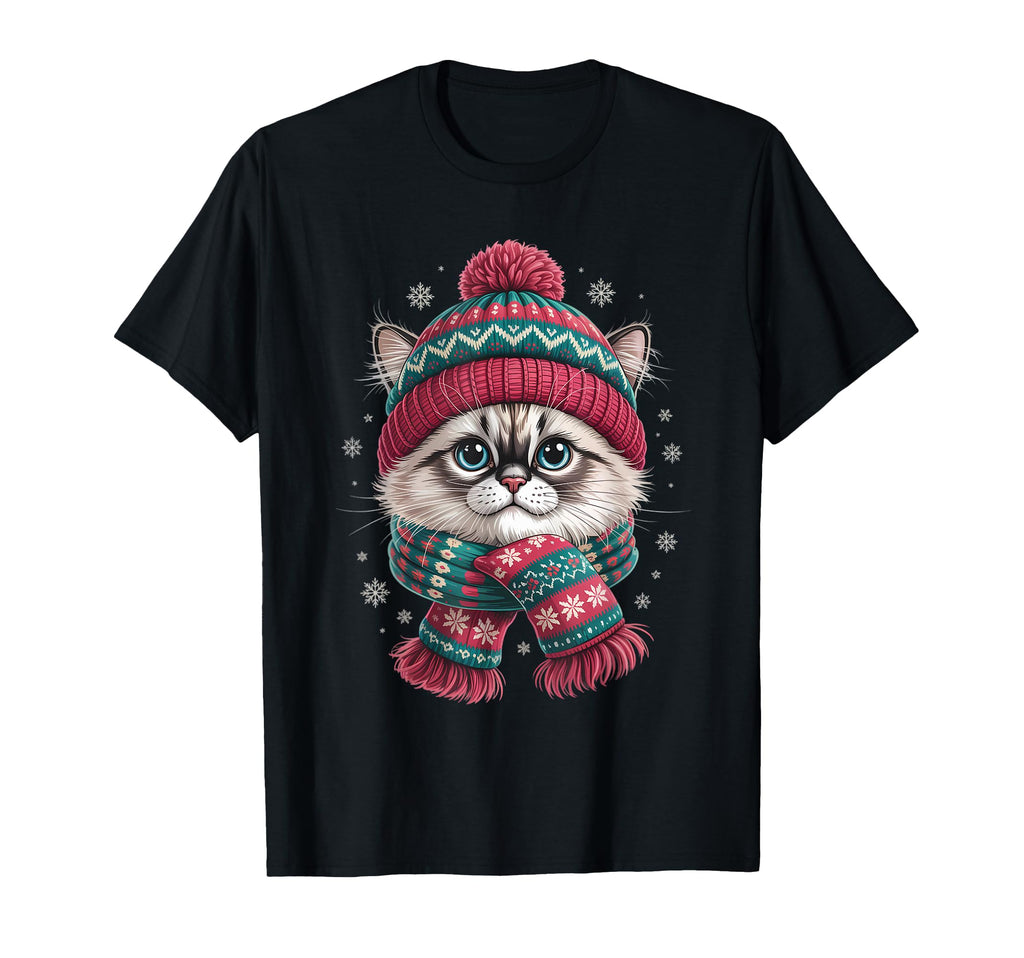 Funny Ragdoll Cat Santa Hat Lights T-Shirt - Custom Art Print Unisex - T-Shirt, Sweatshirt, Hoodie